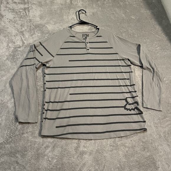 Fox Racing Henley Shirt Mens Large Grey Long Sleeve Striped Waffle - Picture 1 of 6